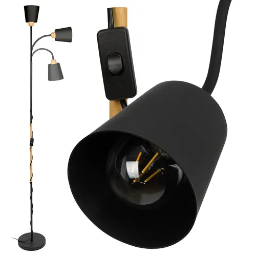 Lampa podłogowa LEDLUX – czarna z drewnem, klosz metalowy E27, przewód 1,8 m z włącznikiem
