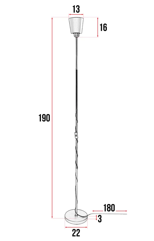 Wymiary: wysokość 190 cm, klosz 13×16 cm, podstawa Ø22 cm, kabel 1,8 m