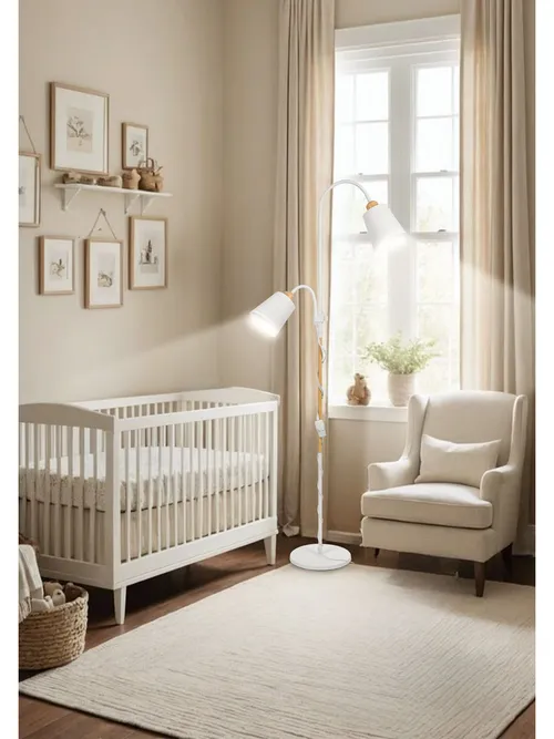 Zbliżenia kloszy i podwójnego włącznika w lampie stojącej LEDLUX z dwoma kloszami