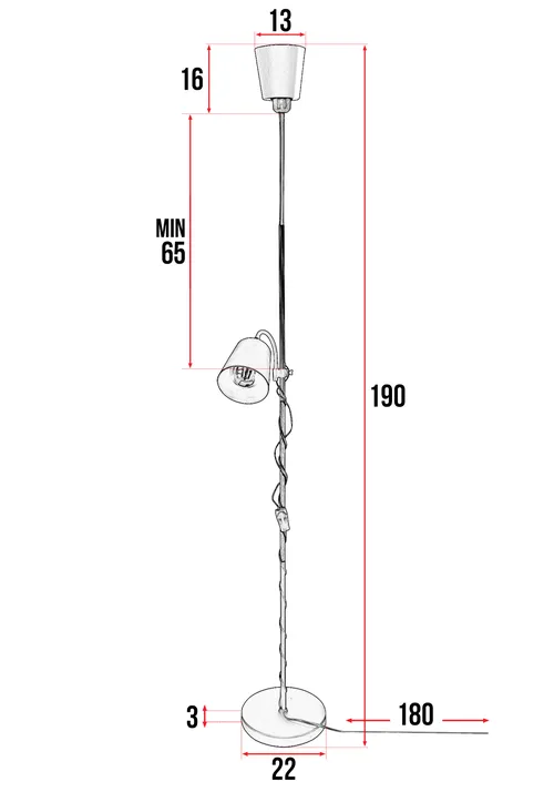 Wymiary lampy: wysokość 190 cm, klosz 13×16 cm, podstawa Ø22 cm, przewód 1,8 m; dolny klosz min. ok. 65 cm
