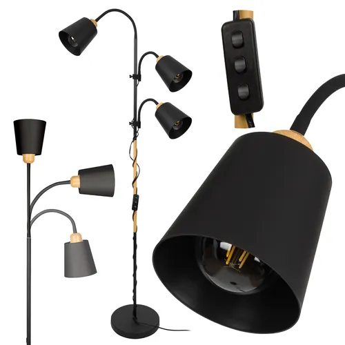 Lampa podłogowa LEDLUX z trzema kloszami – czarny mat, akcenty w kolorze drewna (metal malowany)
