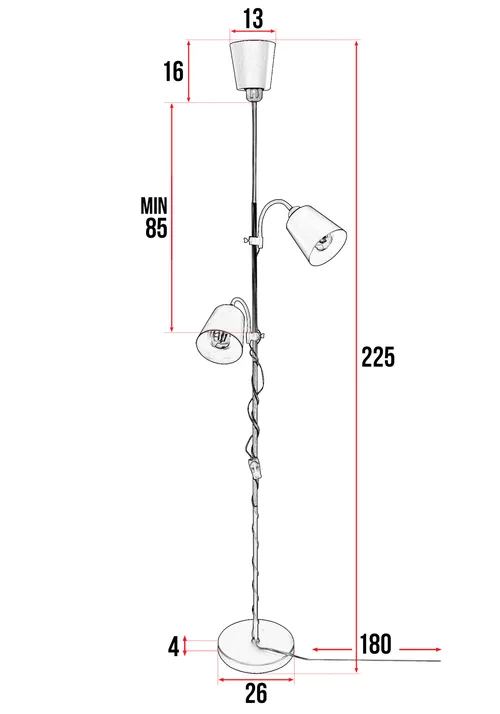 Wymiary lampy: wysokość do 225 cm, klosz 13×16 cm, podstawa Ø26 cm, przewód 1,8 m; środkowy punkt min. 85 cm