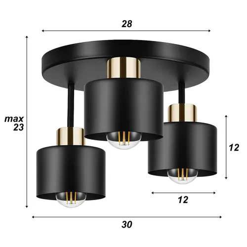Wymiary lampy LX-1020: podsufitka Ø28 cm, wysokość max 23 cm, klosz Ø12 cm / h 12 cm