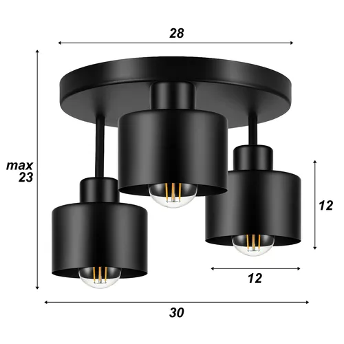 Wymiary lampy LX-1020: podsufitka Ø28 cm, wysokość max 23 cm, klosz Ø12 cm / h 12 cm