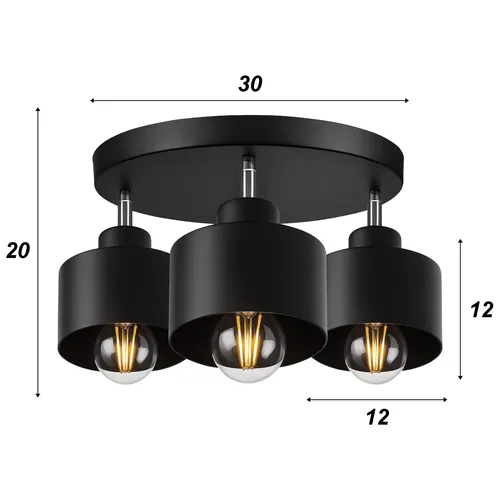 Wymiary lampy LEDLUX LX-1040 – podsufitka Ø30 cm, wysokość 20 cm, klosze Ø12×12 cm