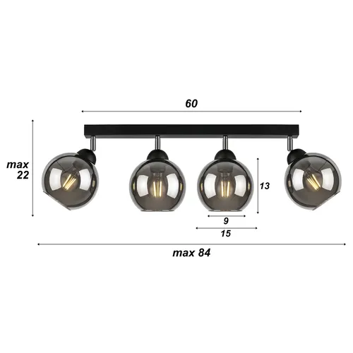 Wymiary lampy 4-płomiennej: listwa 60 cm, średnica klosza 15 cm, wysokość max ~22 cm, szerokość zestawu ~84 cm