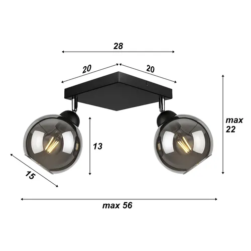 Wymiary lampy LX-1197: podstawa 20×20 cm, średnica klosza 15 cm, wysokość klosza 13 cm, max wysokość oprawy 22 cm