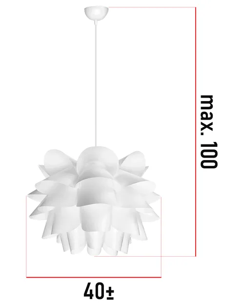 Wymiary lampy wiszącej LEDLUX Płatki: średnica klosza około 40 cm, regulacja zawieszenia do 100 cm