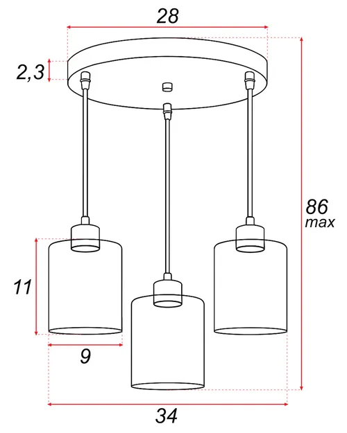 Wymiary: podsufitka Ø28 cm; klosz Ø9×11 cm; max. wysokość 86 cm; szerokość 34 cm