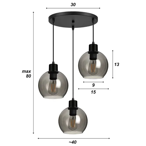 Wymiary lampy: podsufitka Ø30 cm, klosz Ø15 cm, wys. klosza 13 cm, regulacja do 80 cm