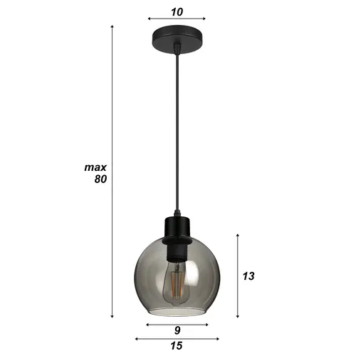 Wymiary lampy: kula Ø15 cm, wysokość klosza 13 cm, podsufitka Ø10 cm, zawieszenie do 80 cm