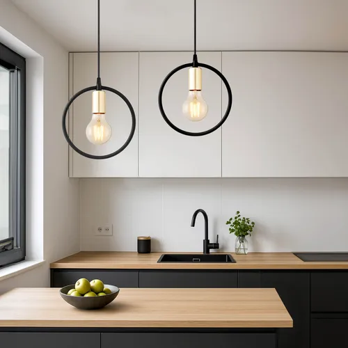 Schemat wymiarów lampy loft czarna obręcz złota oprawka