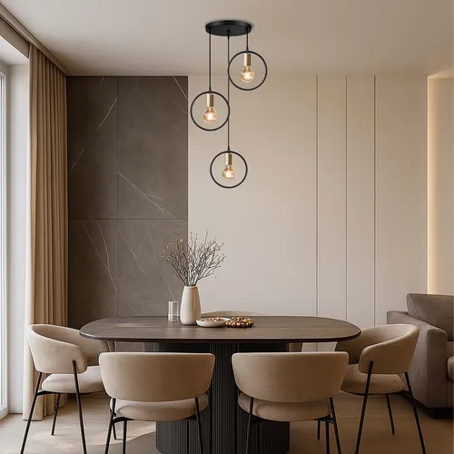 Lampa 3x E27 w aranżacji nad wyspą kuchenną i stołem – styl loft i glamour