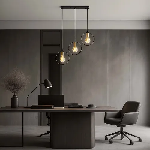 Aranżacja: lampa 3×E27 z pierścieniami nad stołem w jadalni