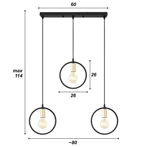 Wymiary: listwa 60 cm, pierścień 26 cm, maks. wysokość 114 cm, szerokość zestawu ok. 80 cm