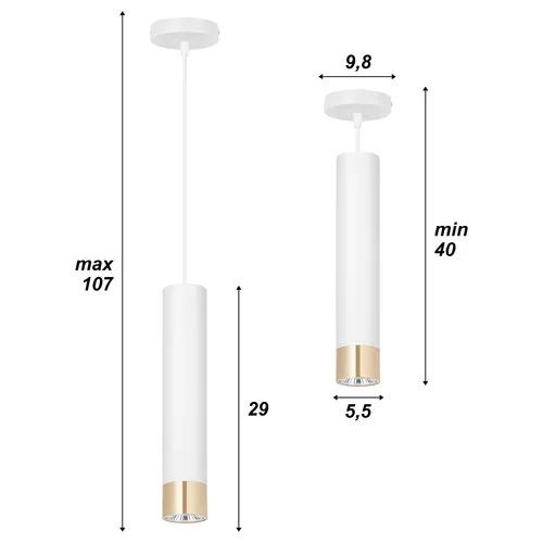 Wymiary lampy: regulacja 40–107 cm, wysokość tuby 29 cm, średnica 5,5 cm, rozeta 9,8 cm