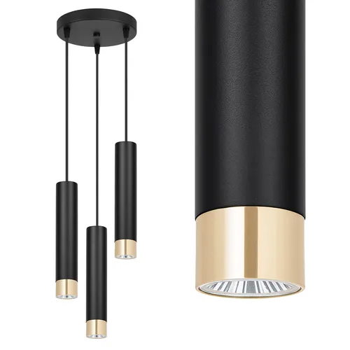 Lampa wisząca 3-punktowa czarna ze złotymi akcentami, oprawy tubowe GU10, podsufitka 30 cm