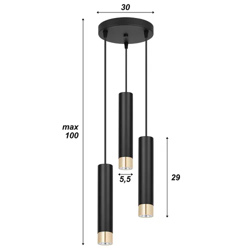 Wymiary lampy: rozeta 30 cm, wysokość tuby 29 cm, średnica tuby 5,5 cm, długość do 100 cm