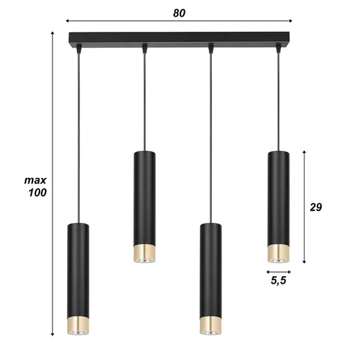 Czteropunktowa lampa wisząca na listwie 80 cm – czarny mat i złote wykończenie