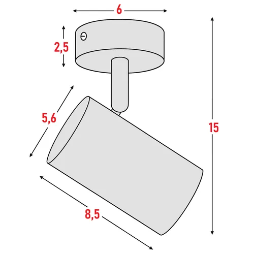 Wymiary: wysokość 15 cm, podsufitka Ø6 cm, wysokość podsufitki 2,5 cm, tuba Ø5,6 cm, długość tuby 8,5 cm