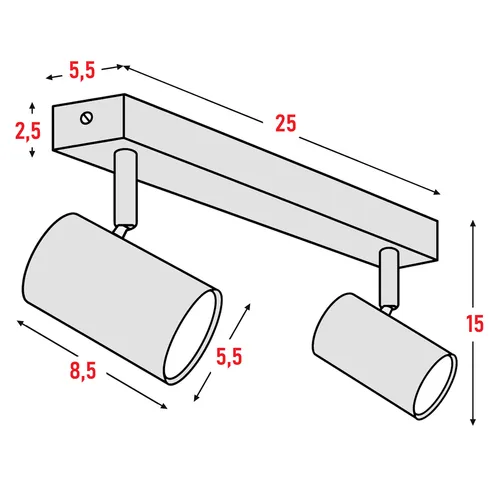 Wymiary listwy 2×GU10: długość 25 cm, wysokość 15 cm, tuba Ø5,5 cm × 8,5 cm