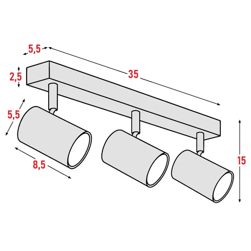 Wymiary listwy 3×GU10: długość 35 cm, wysokość 15 cm, tuba Ø5,5 cm × 8,5 cm