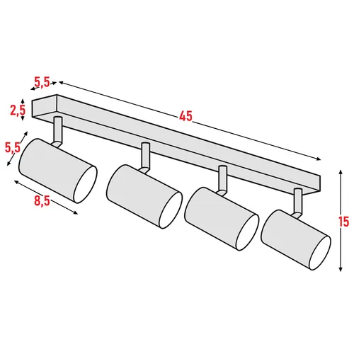 Wymiary listwy 4×GU10: długość 45 cm, wysokość 15 cm, tuba Ø5,5 cm × 8,5 cm