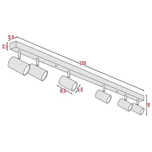 Wymiary listwy sufitowej 6×GU10: długość 120 cm, wysokość ok. 15 cm, średnica tuby 5,5 cm, długość tuby 8,5 cm