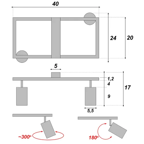 Wymiary lampy: rama 40×24 cm, wysokość 17 cm, średnica tuby 5,5 cm; regulacja obrót 300°, wychylenie 180°