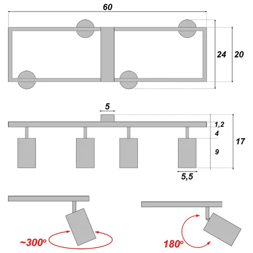 Wymiary lampy: rama 60×24 cm, wysokość ok. 17 cm, średnica tuby 5,5 cm; obrót 300°, wychylenie 180°