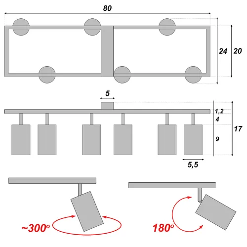 Wymiary plafonu 6×GU10: długość 80 cm, szerokość 24 cm, wysokość ok. 17 cm; tuba Ø5,5 cm
