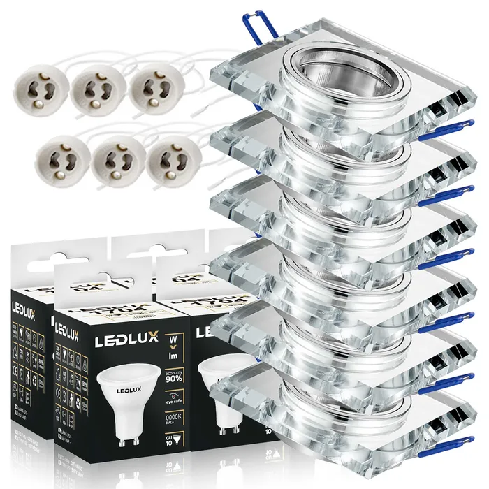 Zestaw 6 szklanych opraw sufitowych LEDLUX CT-6002 CLEAR z żarówkami LED GU10 i gniazdami