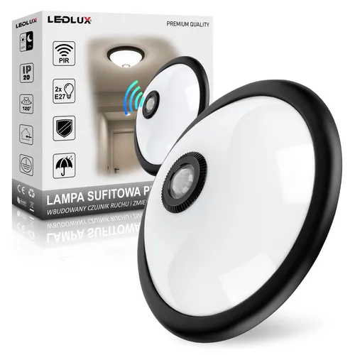 Plafon LEDLUX z czujnikiem ruchu PIR i zmierzchu, 2xE27, średnica 30 cm – widok produktu i opakowania