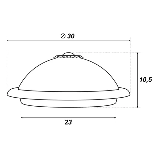 Wymiary plafonu LEDLUX z czujnikiem: średnica 30 cm, wysokość 10,5 cm, średnica podstawy 23 cm