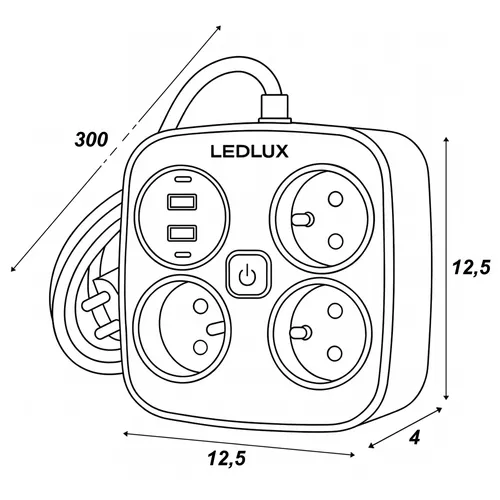 Wymiary listwy LEDLUX: 12,5 × 12,5 × 4 cm, przewód 300 cm