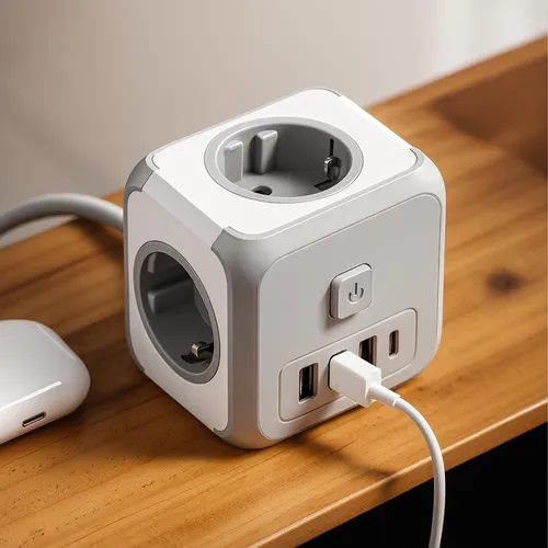 Zbliżenie: włącznik i porty 3× USB-C + 1× USB-A w kostce LEDLUX