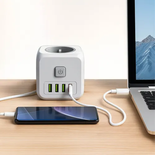 Aranżacja: kostka LEDLUX przy zestawie RTV – 3×230V oraz USB-C/USB-A do akcesoriów