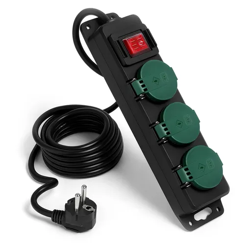 Listwa ogrodowa 3 gniazda 230V z klapkami i włącznikiem, przewód 10 m – czarna