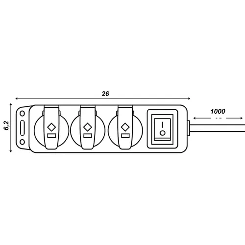 Wymiary listwy: długość korpusu 26 cm, szerokość 6,2 cm, przewód 300 cm