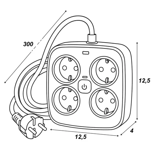 Wymiary listwy LEDLUX: 12,5 × 12,5 × 4 cm, przewód 300 cm