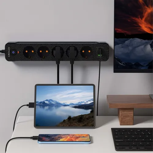 Aranżacja: listwa LEDLUX na biurku – zasilanie laptopa i ładowanie telefonu USB-C