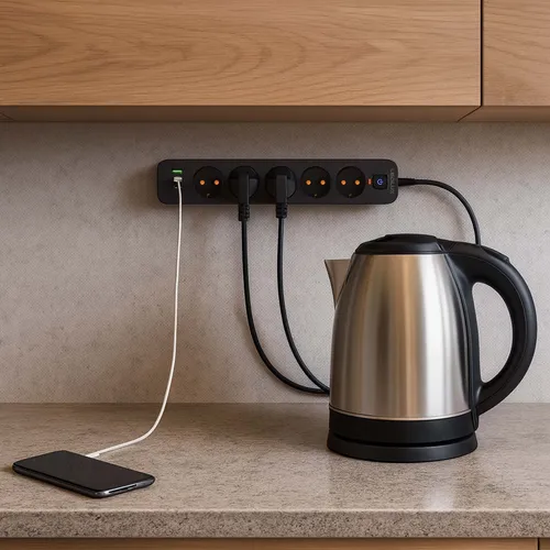 Aranżacja: listwa LEDLUX przy zestawie RTV – 5× 230V oraz porty USB do akcesoriów