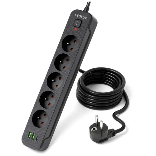 Listwa LEDLUX 3 m – 5 gniazd 230V, 2× USB-A i 1× USB-C, włącznik ON/OFF – widok ogólny