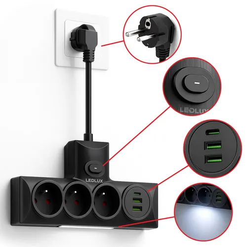 Zastosowanie: korytarz, sypialnia, kuchnia – rozgałęźnik z USB i lampką LED