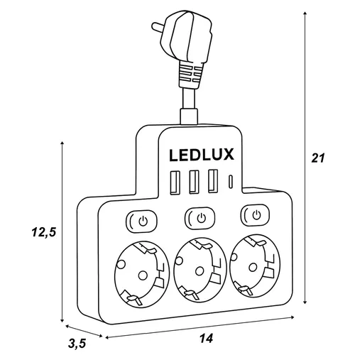 Wymiary: korpus 14 × 12,5 × 3,5 cm; wysokość całkowita 21 cm (od gniazdka)