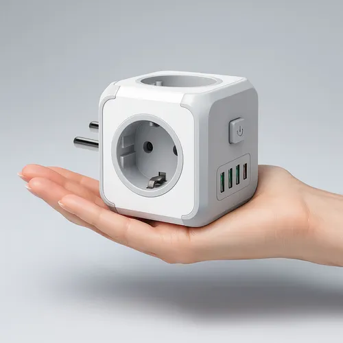 Zbliżenie: przycisk ON/OFF i porty 3× USB-A + 1× USB-C w kostce LEDLUX