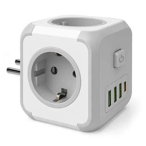 Kostka LEDLUX – 3 gniazda 230V z uziemieniem, 3× USB-A i 1× USB-C, włącznik ON/OFF – widok ogólny