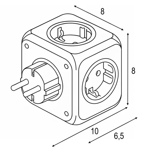 Wymiary kostki LEDLUX: 8 × 8 × 6,5 cm; głębokość całkowita z wtykiem około 10 cm