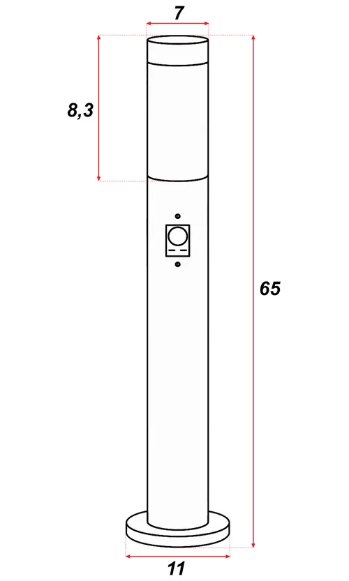 Wymiary słupka: wysokość 65 cm, średnica korpusu 7 cm, podstawa 11 cm, klosz 8,3 cm