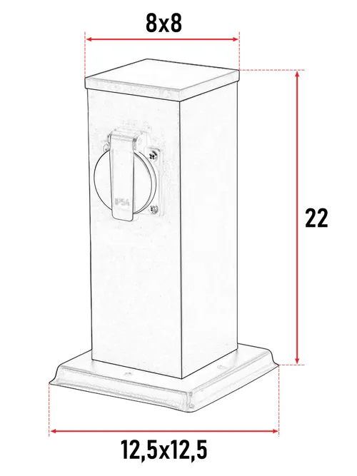 Wymiary słupka LEDLUX: wysokość 22 cm, korpus 8×8 cm, podstawa 12,5×12,5 cm